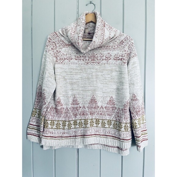 Anthropologie Pilcro Sweater M Medium Abstract Cowl Neck Fair Isle Beige Wool - Picture 1 of 5